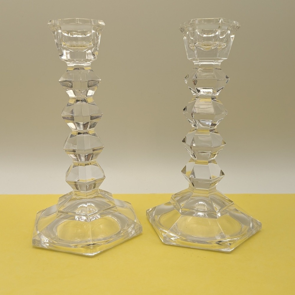 Mikasa Crystal Jewelstone 5.25" Taper Candlesticks Set of 2 Hexagon Base Clear